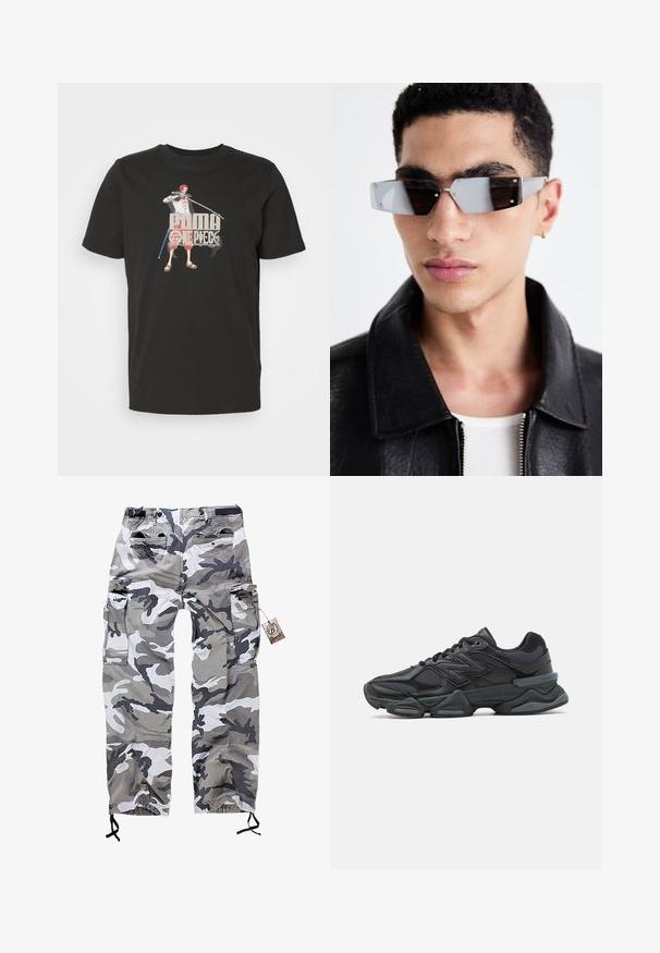 Camiseta de algodón negra con un diseño gráfico de un personaje sosteniendo espadas, con el texto "PUMA" y "ONE PIECE" prominentemente exhibido.; Pantalones de carga camuflados en tonos de gris y blanco, con múltiples bolsillos y un cordón en los puños para un ajuste ajustable.; Zapatilla de running negra que presenta una combinación de malla y materiales sintéticos, suela gruesa, diseño curvado y una marca prominente en el costado.; Gafas de sol angulares de tonalidad gris con detalles en plata, sobre un fondo claro. Las lentes presentan una forma geométrica única.