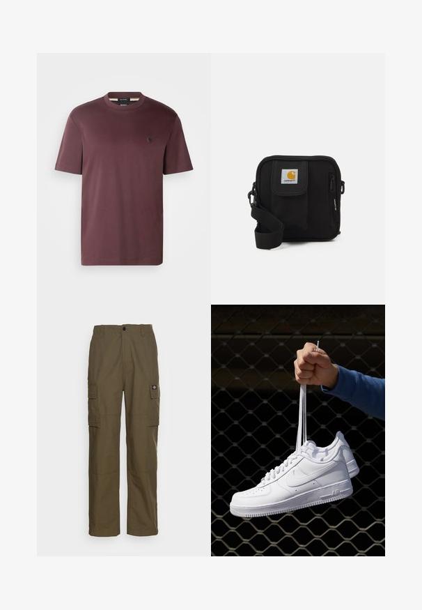 BOSS TAUT - Paprasti marškinėliai - open red; Olive žalios spalvos kelnių kelnaitės, pagamintos iš patvarios medžiagos. Yra dvi šoninės kišenės, standartinė liemens linija ir tiesios kojų dizainas.; Balti odiniai sportiniai bateliai su perforacijomis, apvalia nosimi, plokščiu padu ir storomis raištelėmis, su matomu swoosh logotipu ir "AIR" ant kulno.; Juoda petnešų rankinė su užtrauktuku pagrindiniame skyriuje, priekinė kišenė, reguliuojama juostele ir matoma logotipo etikete ant uždaromo dangtelio.