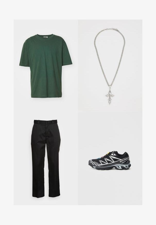 Zaļš kokvilnas T-krekls ar klasisku apaļu kakla izgriezumu, īsām piedurknēm un brīvu piegriezumu. Audumam ir gluda tekstūra un nav redzamu rakstu.; Melnas bikses no gludas auduma, ar taisnu kāju dizainu, jostas cilpām un divām sānu kabatām. Klasisks izskats bez rotājumiem.; Melna skriešanas kurpe ar sudraba akcentiem, GORE-TEX materiāls, teksturēta zole un krāsainas šnūras. Iespējas ietver mīkstinātu papēdi atbalstam.; Sudraba ķēdes kaklarota ar lielu, izsmalcinātu krusta piekari, kam ir asie akcenti un spīdīga apdare. Ķēde ir bieza un plakana.
