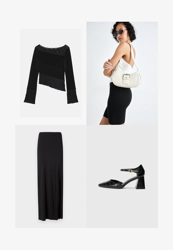 Fekete, hosszú ujjú felső, sima anyag és texturált csipke részletek keverékével, aszimmetrikus szabással és bő ujjal.; Fekete maxi szoknya puha, rugalmas anyagból. Oldalsó hasítékkal rendelkezik, és egyszerű, letisztult dizájnja van díszítések nélkül.; Fekete lakkbőr magassarkú cipő hegyes orral, bokapánttal és texturált krokodilmintával. Négyzet alakú blokk sarok kialakítás.; Fehér bőr kézitáska ívelt formával, állítható pánttal és egy kis csattal. A modellen fitted fekete ruha van.