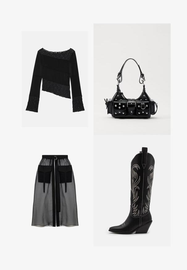 Černý dlouhý rukáv top s kombinací hladké tkaniny a texturovaných krajkových akcentů, s asymetrickým střihem a rozšířenými rukávy.; Černá průhledná sukně s nařaseným pasem, která má dvě velké přední kapsy, páskový uzávěr a kulatý kovový akcent.; Černé kožené kovbojské boty s špičatými špičkami, podpatky ve tvaru klínu a stříbrně vyšívanými květinovými vzory po celé délce. Kontrastní prošívání po celém obvodu.; Černá kožená kabelka s křivkovým designem, zdobená stříbrnými hřebíky, s přezkou a dvěma bočními kapsami. Nastavitelný popruh pro různé možnosti nošení.