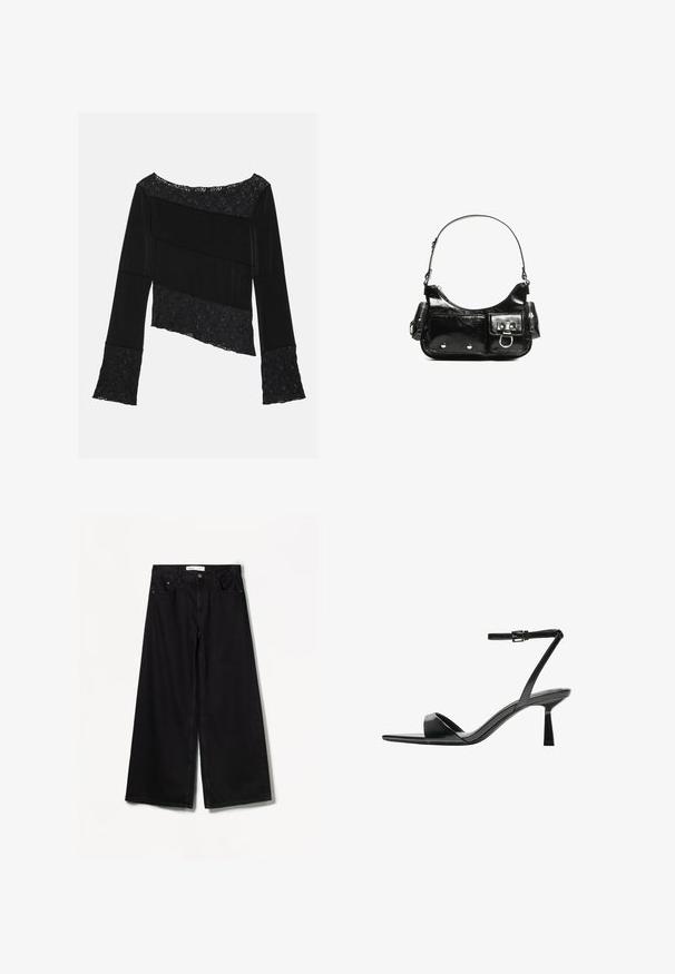 Zwarte lange mouw top met een mix van gladde stof en gestructureerde kantaccenten, met een asymmetrische snit en uitlopende mouwen.; Bershka WIDE-LEG - Wide leg - black; Bershka Sandalen met hoge hak - black; Zwarte laarzen in lakleer met een gebogen vorm, één schouderband, voorvakken en accenten in zilverkleurig metaal.