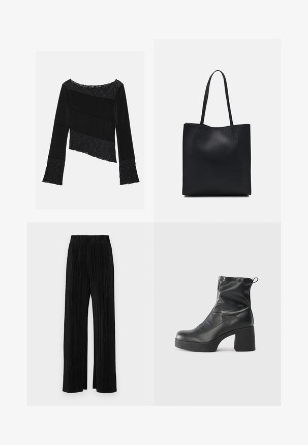 Black long-sleeve top featuring a mix of smooth fabric and textured lace accents, with an asymmetrical cut and flared sleeves.; Black pleated trousers with an elastic waistband. Features wide legs and a smooth, textured fabric with vertical stripes.; Black ankle boots made of smooth leather, featuring a side zipper, chunky textured heel, and rounded toe design.; Black leather tote bag with smooth texture, rectangular shape, and two long handles. No visible hardware or embellishments.