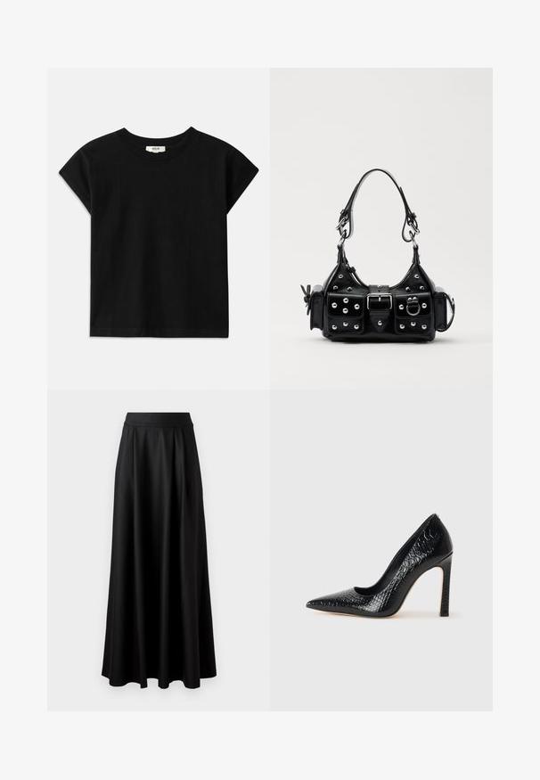 T-shirt in cotone nero con collo rotondo, maniche corte a sbuffo e taglio dritto. Tessuto liscio con dettagli minimi.; Gonna nera lunga fino al pavimento con una texture liscia, vita alta ampia e design plissè, priva di motivi visibili o decorazioni.; Scarpa nera con punta a punta alta in pelle di coccodrillo, caratterizzata da un design elegante, alto tacco a spillo e interno nero liscio.; Borsa a mano in pelle nera con design curvo, caratterizzata da borchie argentate, una fibbia e due tasche laterali. Tracolla regolabile per diverse opzioni di trasporto.