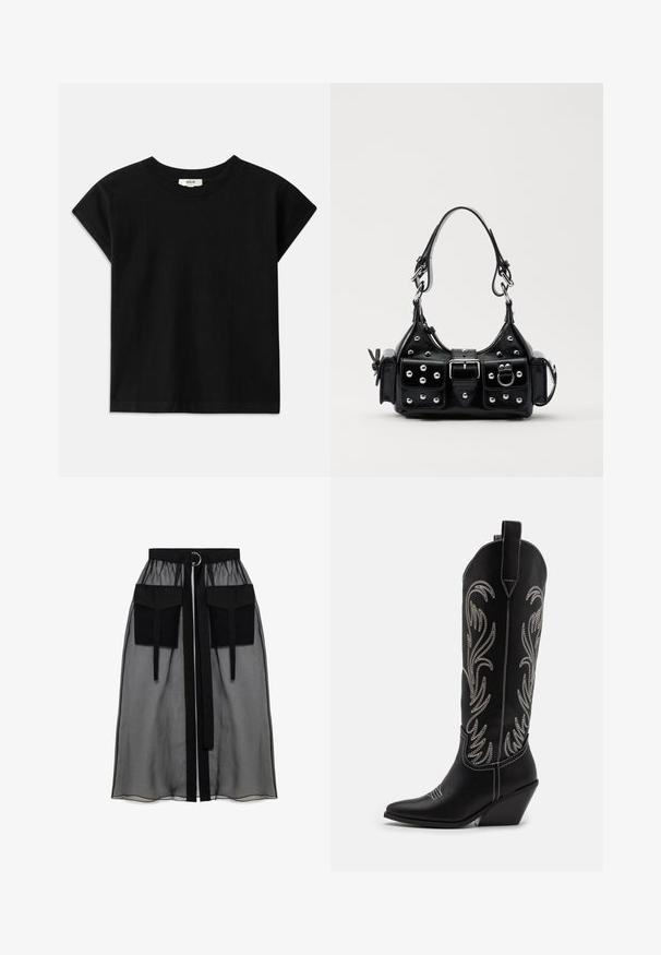 Černé bavlněné tričko s kulatým výstřihem, krátkými rukávy a rovný střih. Hladká textura s minimálním zdobením.; Černá průhledná sukně s nařaseným pasem, která má dvě velké přední kapsy, páskový uzávěr a kulatý kovový akcent.; Černé kožené kovbojské boty s špičatými špičkami, podpatky ve tvaru klínu a stříbrně vyšívanými květinovými vzory po celé délce. Kontrastní prošívání po celém obvodu.; Černá kožená kabelka s křivkovým designem, zdobená stříbrnými hřebíky, s přezkou a dvěma bočními kapsami. Nastavitelný popruh pro různé možnosti nošení.
