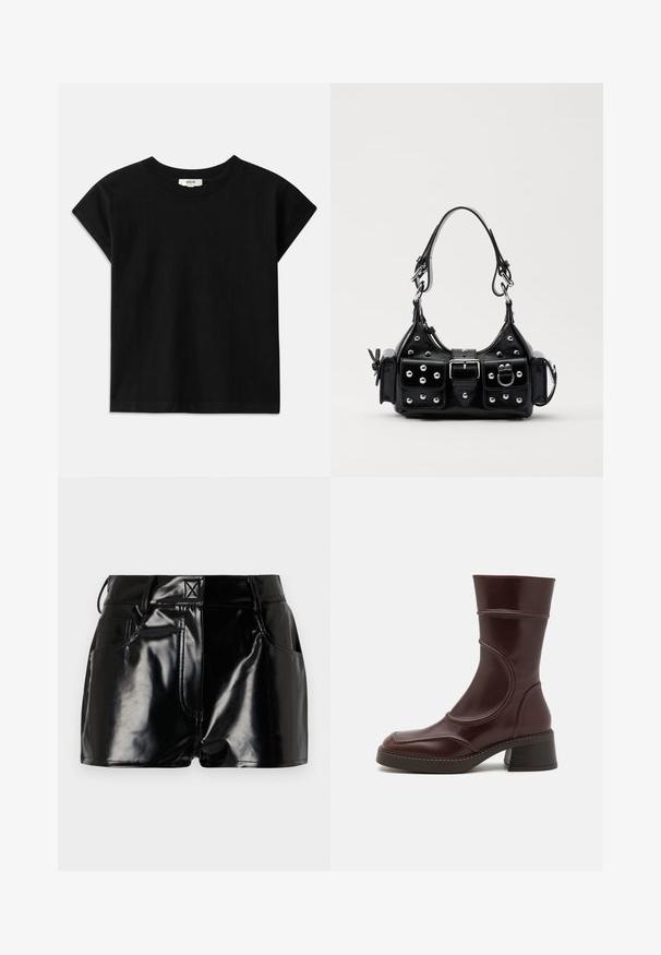 Melnas kokvilnas T-krekls ar apaļu kaklu, īsām piedurknēm un taisnu griezumu. Gluda tekstūra ar minimālu noformējumu.; Melnas, spīdīgas šorti, izgatavoti no sintētiskā materiāla. Iezīmētais viduklis, jostas cilpas un priekšējās kabatas ar izteiktām šuvju detaļām.; MIISTA MALENE - Klasiski puszābaki - brown; Melnas ādas rokturmais ar izliekumu, ar sudraba iedurtiem, sprādzi un divām sānu kabatām. Regulējams siksniņas garums dažādām nēsāšanas iespējām.