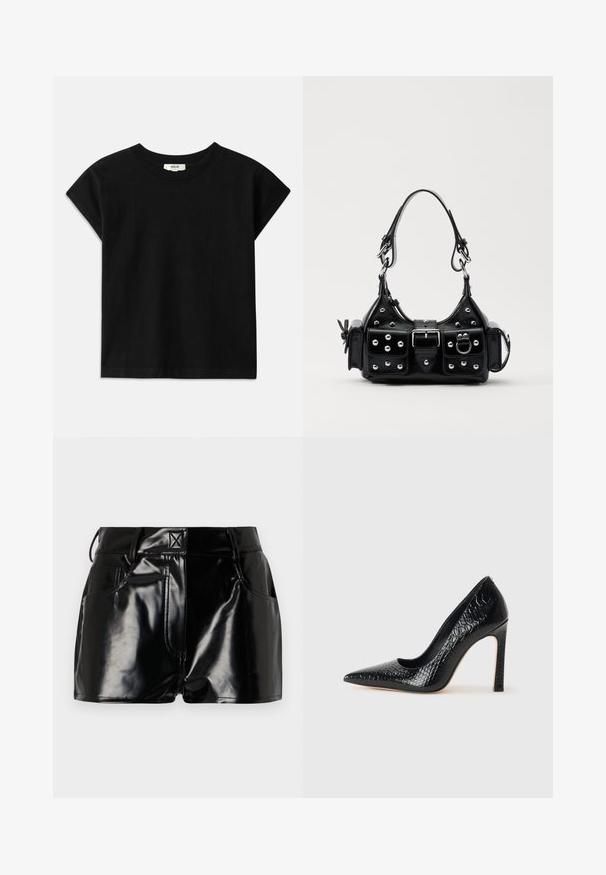 Sort bomulds T-shirt med rund hals, korte kapærmer og lige skæring. Glat tekstur med minimal detaljering.; Sorte, blanke shorts lavet af syntetisk materiale. Har en tætsiddende talje, bælteslaufer og forlommer med fremtrædende stikninger.; Sorte spidse tå stiletto-sko i krokodilleskind med et strømlinet design, høj hæl og glat sort inderside.; Sort læderhåndtaske med et buet design, prydet med sølvfarvede nitter, en spænde og to sidelommer. Justerbar rem til forskellige bære muligheder.