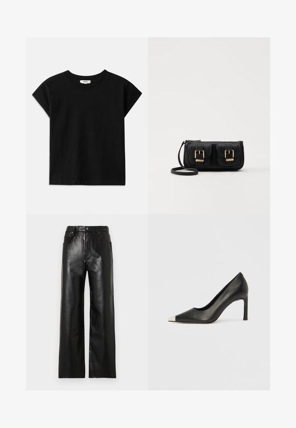 Svart bomullströja med rund hals, korta ärmar och rak skärning. Slät textur med minimal detaljering.; Svarta läderbyxor med vida ben och glansig finish, med framfickor, dragkedja och knappstängning. Mjuk textur över hela.; Svart skinnsko med hög klack, spetsig tå och metallisk silverhätta. Har en slät yta och en smal klack på 10 cm.; Svart läderaxelväska med två framfickor, guldspännen, dragkedjestängning och en smal rem. Texturerad yta och kompakt rektangulär form.