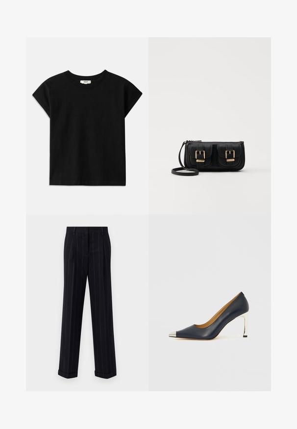 Svart bomulls t-skjorte med rund hals, korte cap-ermer og rett snitt. Glatt tekstur med minimal detaljering.; Svarte pinstripede bukser med en tilpasset passform, som har en oppbrett på bunnen og frontfolder. Laget av glatt stoff med en strukturert design.; Marineblå høyhælte skinnsko med spiss tå, som har en sølvfarget metallhatt og en blank sølvfarget stiletthæl.; Svart skinn crossbody veske med to frontlommer, gyldne spenner, glidelåslukking og en slank stropp. Teksturert overflate og kompakt rektangulær form.