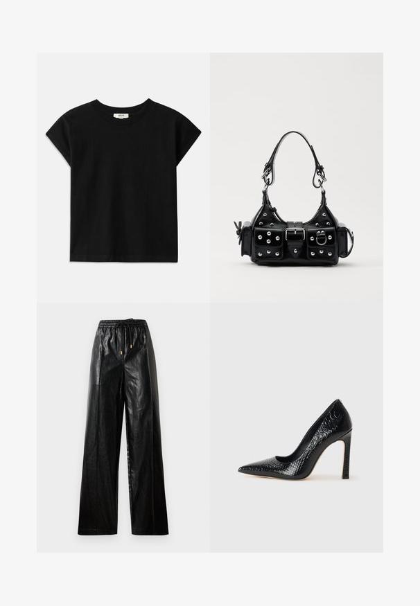 Sort bomulds T-shirt med rund hals, korte kapærmer og lige skæring. Glat tekstur med minimal detaljering.; Sorte læder bukser med vide ben, elastisk taljebånd, snoretræk og guldfarvede hardware detaljer. Glat tekstur og løs pasform.; Sorte spidse tå stiletto-sko i krokodilleskind med et strømlinet design, høj hæl og glat sort inderside.; Sort læderhåndtaske med et buet design, prydet med sølvfarvede nitter, en spænde og to sidelommer. Justerbar rem til forskellige bære muligheder.