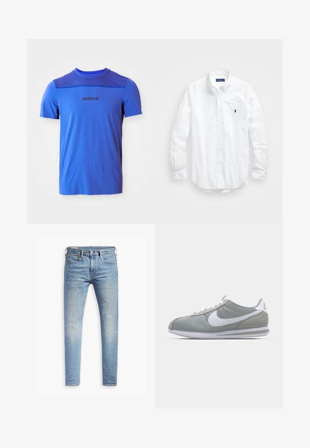 T-shirt atlético azul com gola redonda, tecido em malha nos ombros e o logótipo "CALVIN KLEIN" impresso em preto. Textura suave.; Camisa de botões de manga longa branca em algodão. Apresenta um colarinho clássico, punhos com botão e um pequeno logótipo bordado em azul-marinho no peito.; Jeans slim fit em azul claro com leve desbotamento nas coxas, fecho frontal por botão, passantes para cinto e estilo de cinco bolsos sobre um fundo branco.; Sapatilha atlética cinza com um cabedal em camurça e têxtil, símbolo Nike branco e atacadores brancos. Apresenta uma sola de borracha texturizada e colarinho acolchoado.