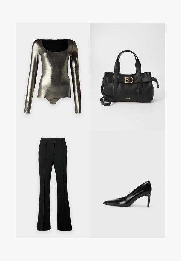 Metallic long-sleeve bodysuit with a square neckline, smooth texture, and fitted design in shades of silver and dark gray.; Black flared pants featuring a smooth fabric, high waistband with two buttons, and front pleats, providing a tailored appearance.; Black leather high heel shoe with a pointed toe, smooth texture, and a tapered heel. Minimalist design, no additional embellishments.; Black leather handbag featuring a structured design, dual top handles, gold-tone buckle accent, and embossed brand logo at the front.