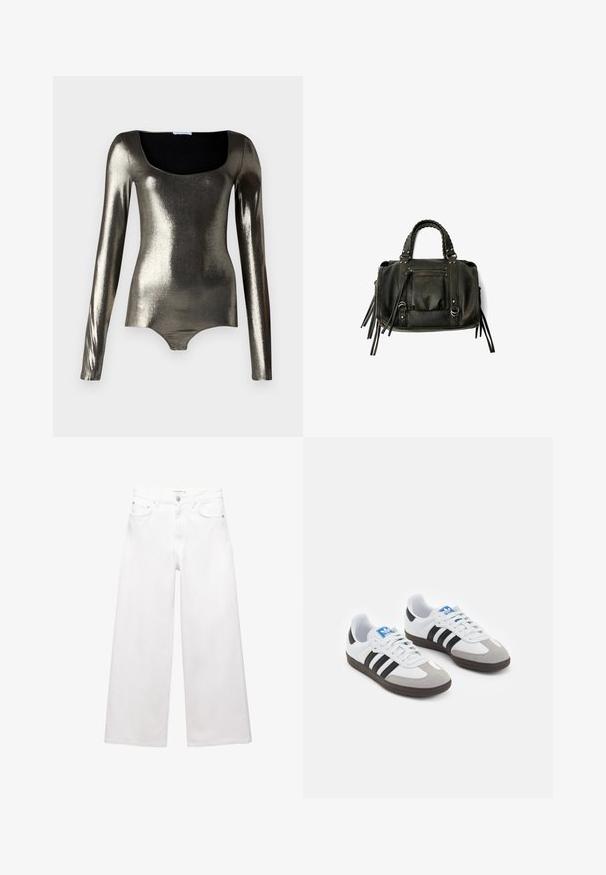 Metalický overal s dlhým rukávom a štvorcovým výstrihom, hladkou textúrou a priliehavým strihom v odtieňoch striebornej a tmavo sivej.; Biele široké džínsy vyrobené z bavlny, s vysokým pásom, piatimi vreckami a mosadznými doplnkami. Hladká, nedotknutá textúra.; Športové topánky s bielym koženým zvrškom, šedou semišovou špičkou a tromi čiernymi pruhmi. Obsahujú modré logo na jazyku a štruktúrovanú gumovú podrážku.; Čierna kožená kabelka s vrkočovými uchami, zipsovou kapsou a zavesenými strapcami. Textúrovaný povrch s kovovými cvokmi a akcentmi z kovu.