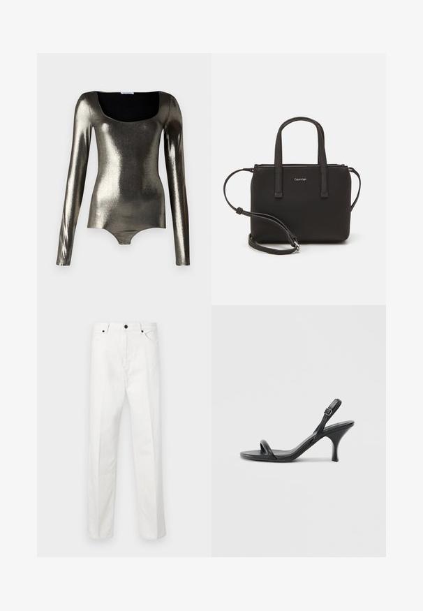 Metallinen pitkähihainen bodysuit, jossa on neliönmallinen pääntie, sileä pinta ja istuva muotoilu hopean ja tummanharmaan sävyissä.; Valkoiset farkuhousut, joissa on suora leikkaus, napitus ja kaksi etutaskua. Ei näkyviä kuvioita tai koristeita. Suora ja sileä pinta.; Mustat nahkaiset korkokengät, joissa on hoikka, kaareva korko ja ristiin menevä hihnadesign. Säädettävä nilkkahihna. Silkkinen pinta.; Musta käsilaukku, jossa on kaksinkertaiset lyhyet kahvat ja irrotettava olkahihna. Silkkinen nahkatunneinen materiaali, jossa on vetoketjukiinnitys ja logoyksityiskohta.
