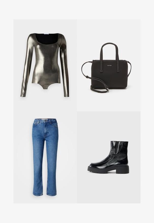 Metalinis ilgomis rankovėmis bodis su kvadratine iškirpte, lygia tekstūra ir prigludusia forma sidabro ir tamsiai pilkos spalvų atspalviuose.; Mėlyni džinsai su tiesiu kirpimu, turintys klasikinį penkių kišenių dizainą, oranžiniai siuvinėjimai ir mygtukų uždarymas.; Juodi kulkšniniai batai su blizgia lakuota oda, storu juodu guminio pado ir pakeltu kulnu; šone yra subtilus logotipo detalė.; Juoda rankinė su dviem trumpais rankenėlėmis ir nuimamu petį. Lygaus odos tipo medžiaga su užtrauktuku ir logotipo detale.