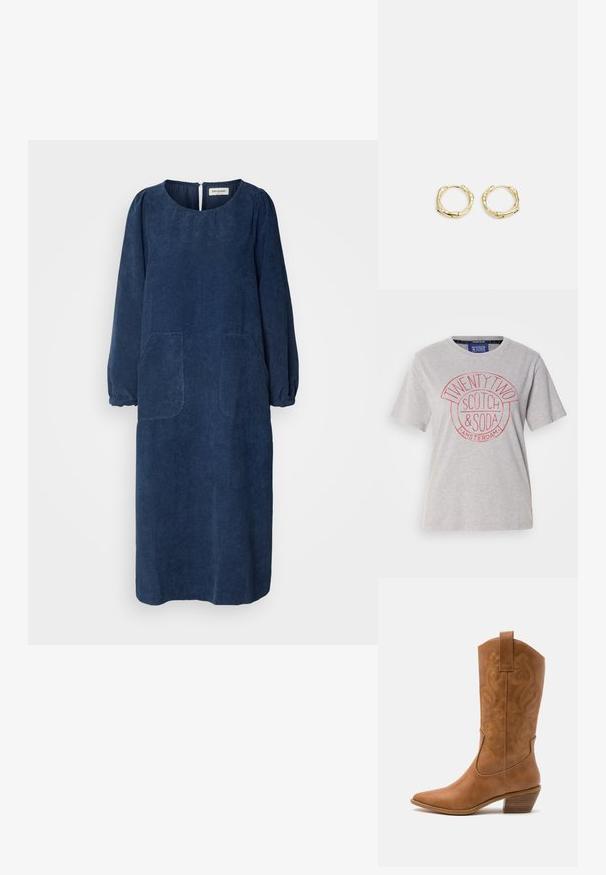 Helles graues Baumwoll-T-Shirt mit rundem Halsausschnitt, kurzen Ärmeln und einem roten Grafikdruck mit der Aufschrift "TWENTY TWO SCOTCH & SODA AMSTERDAM."; Marineblaue Cordkleid mit langen Puffärmeln, rundem Ausschnitt, zwei vorderen Taschen und einem Rückenschlitz. Weicher, strukturierter Stoff.; Braune Leder-Cowboy-Stiefel mit spitzem Zehenbereich, bestickten Wirbelmustern am Schaft und einem gestapelten Blockabsatz. Verfügt über einen Ziehriemen für das einfache Anziehen.; Schwarze Leder-Hobo-Tasche mit einem einzelnen, weichen, abgerundeten Griff; verfügt über eine glatte Textur und ein minimalistisches Design. Keine sichtbaren Beschläge oder Akzente.; Goldene Creolen mit einer strukturierten, unregelmäßigen Form. Sie verfügen über einen nahtlosen Verschluss und eine polierte Oberflächenbehandlung, die ein modernes Design betont.