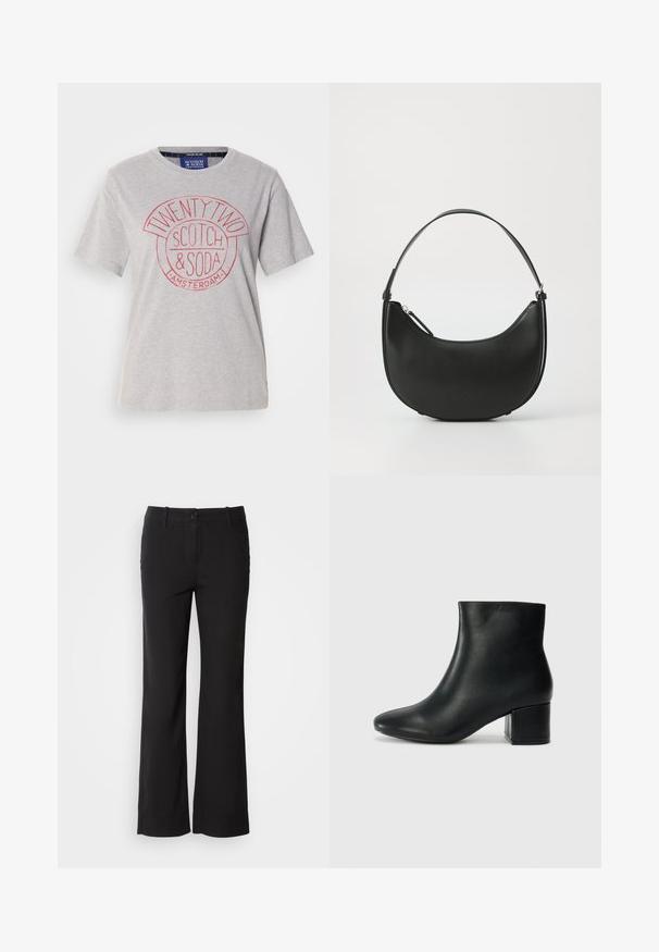 Világosszürke pamut póló kerek nyakkivágással, rövid ujjakkal, piros grafikával, amelyen az "TWENTY TWO SCOTCH & SODA AMSTERDAM" felirat szerepel.; Fekete pamut keverék nadrág egyenes szárú dizájnnal, elülső gombos záródással és két oldalsó zsebbel. Simára kialakított textúra, nincs látható minta.; Fekete bőr bokacsizma hegyes orral és vastag sarokkal. Sima felület minimális díszítéssel és karcsú, passzos kialakítással.; Fekete bőr válltáska ívelt formával, karcsú fogantyúval és cipzáras záródással. Simább textúrával és diszkrét logó részlettel rendelkezik.