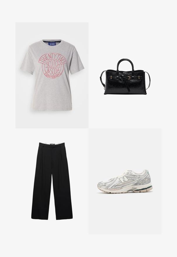 Helles graues Baumwoll-T-Shirt mit rundem Halsausschnitt, kurzen Ärmeln und einem roten Grafikdruck mit der Aufschrift "TWENTY TWO SCOTCH & SODA AMSTERDAM."; Schwarzfarbene weite Hosen aus glattem Stoff. Mit frontalen Falten, einem Bund mit Gürtelschlaufen und einer taillierten Silhouette.; Laufschuh mit einem silbernen und weißen Mesh-Obermaterial und grünen Akzenten. Die Sohle ist dick und strukturiert, um Dämpfung und Unterstützung zu bieten.; Schwarze Lederhandtasche mit strukturiertem Finish, strukturiertem Design, doppelten Griffen und abnehmbarem Schultergurt. Akzente aus goldfarbenem Metall.