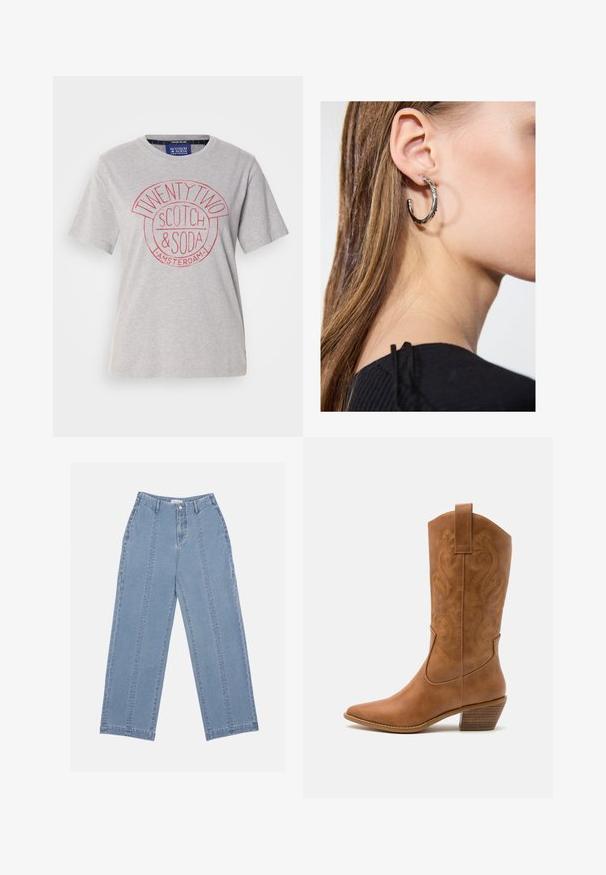 Helles graues Baumwoll-T-Shirt mit rundem Halsausschnitt, kurzen Ärmeln und einem roten Grafikdruck mit der Aufschrift "TWENTY TWO SCOTCH & SODA AMSTERDAM."; Hellblaue weite Jeans aus Denim. Mit hoher Taille, Knopfschluss und sichtbaren Nähten. Auf der Vorderseite sind keine Taschen sichtbar.; Braune Leder-Cowboy-Stiefel mit spitzem Zehenbereich, bestickten Wirbelmustern am Schaft und einem gestapelten Blockabsatz. Verfügt über einen Ziehriemen für das einfache Anziehen.; Silberne Creolen mit polierter Oberfläche, die kleine goldene Akzentdetails und eine runde Form aufweisen, am Ohrläppchen getragen.