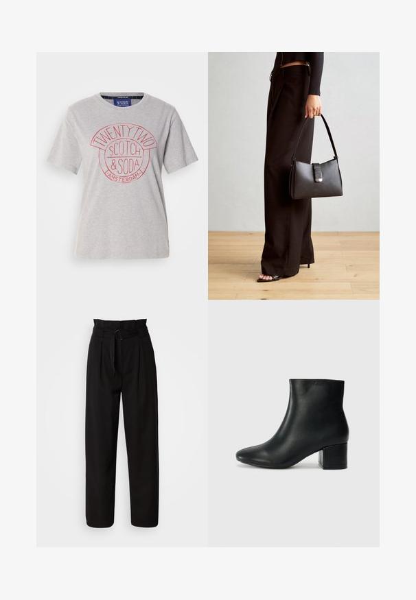T-shirt en coton gris clair avec un col rond, des manches courtes et un imprimé graphique rouge portant la mention "TWENTY TWO SCOTCH & SODA AMSTERDAM."; Pantalon noir taille haute à jambes larges, avec plis avant et une ceinture en tissu avec une boucle circulaire. Texture lisse et design ajusté.; Bottines en cuir noir avec un bout pointu et un talon épais. Texture lisse avec des accents minimalistes et un design élégant et ajusté.; Sac à main noir à la forme structurée, texture lisse et fermoir métallique. Associé à un pantalon noir ample et des sandales ouvertes sur un sol en bois.