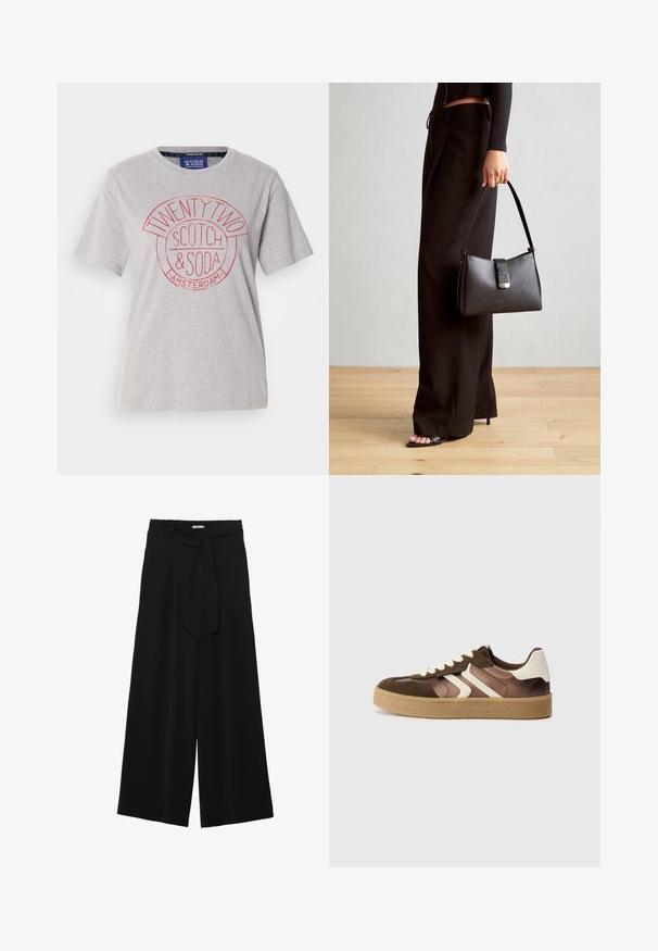 Lys grå bomuld t-shirt med rund halsudskæring, korte ærmer og et rødt grafisk print med teksten "TWENTY TWO SCOTCH & SODA AMSTERDAM."; Sorte vide bukser i en tekstureret stofkvalitet, med elastisk talje og et aftageligt bånd i taljen for justerbar pasform.; Brune og creme sneakers med en kombination af ruskind og satin materialer, der har tre diagonale striber og en struktureret gummisål.; Sort håndtaske med struktureret form, glat overflade og metalspænde. Sammen med brede sorte bukser og sandaler med åben tå på trægulv.