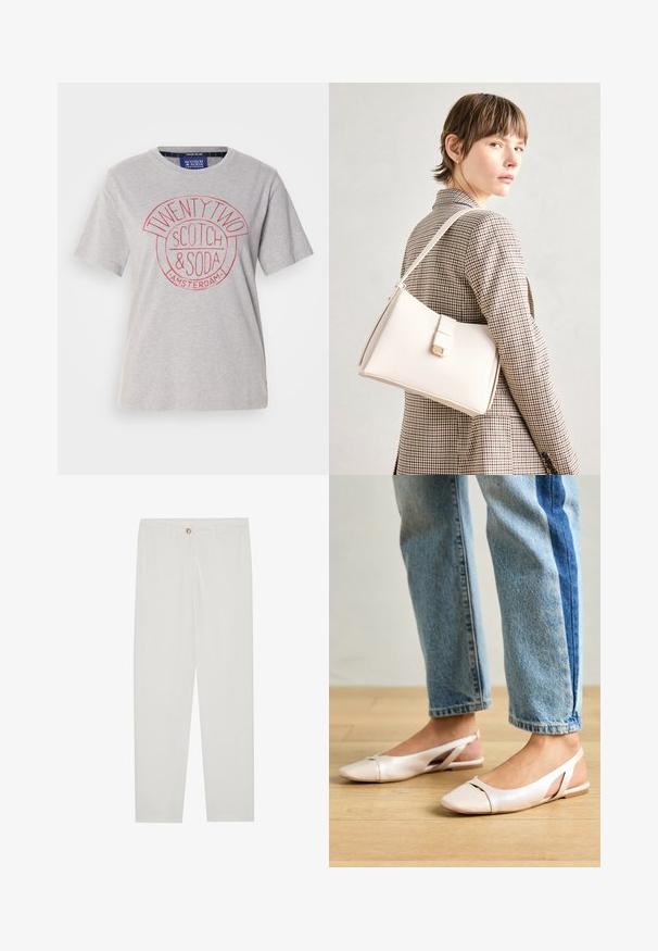 Svijetlosivi pamučni majica s okruglim izrezom, kratkim rukavima i crvenim grafičkim printom koji glasi "TWENTY TWO SCOTCH & SODA AMSTERDAM."; Bela, krojena hlače z ravnimi nogami, ki vključujejo gumbasto zapiranje, zanke za pas in stranske žepe; gladka tekstura tkanine.; Svijetloružičaste slingback balerinke s šiljastim nožnim prstima, napravljene od glatkog materijala nalik koži. Imaju izrezane detalje sa strane i ravne pete.; Bela usnjena torba s strukturirano zasnovo, opremljena z magnetnim zapiranjem in naramnico, prikazana na nevtralni ozadju.