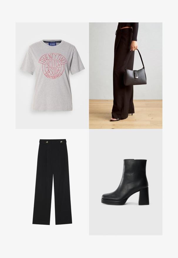 Svijetlo siva pamučna majica s okruglim izrezom, kratkim rukavima i crvenim grafičkim printom s natpisom "TWENTY TWO SCOTCH & SODA AMSTERDAM."; Crne hlače širokih nogavica s visokim strukom, s dugmadi na pojasu i prednjim nabora.; Crna kožna čizma do gležnja s blok petom i platformom, prikazana s bočne strane na jednostavnoj bijeloj pozadini.; Crna torba s oblikom koji sadrži strukturu, glađu teksturu i metalnu kopču. Uparena s širokim crnim hlačama i sandalama na otvorenom s drvenog poda.