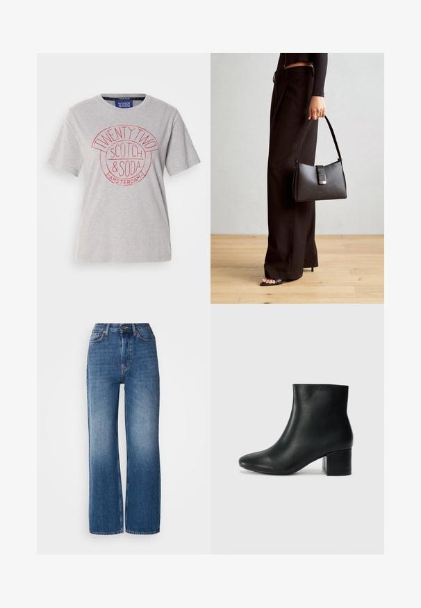T-shirt en coton gris clair avec un col rond, des manches courtes et un imprimé graphique rouge portant la mention "TWENTY TWO SCOTCH & SODA AMSTERDAM."; Jeans en denim bleu à taille haute et jambes larges avec un lavage dégradé, des coutures cuivrées, une fermeture à bouton à l'avant et cinq poches.; Bottines en cuir noir avec un bout pointu et un talon épais. Texture lisse avec des accents minimalistes et un design élégant et ajusté.; Sac à main noir à la forme structurée, texture lisse et fermoir métallique. Associé à un pantalon noir ample et des sandales ouvertes sur un sol en bois.