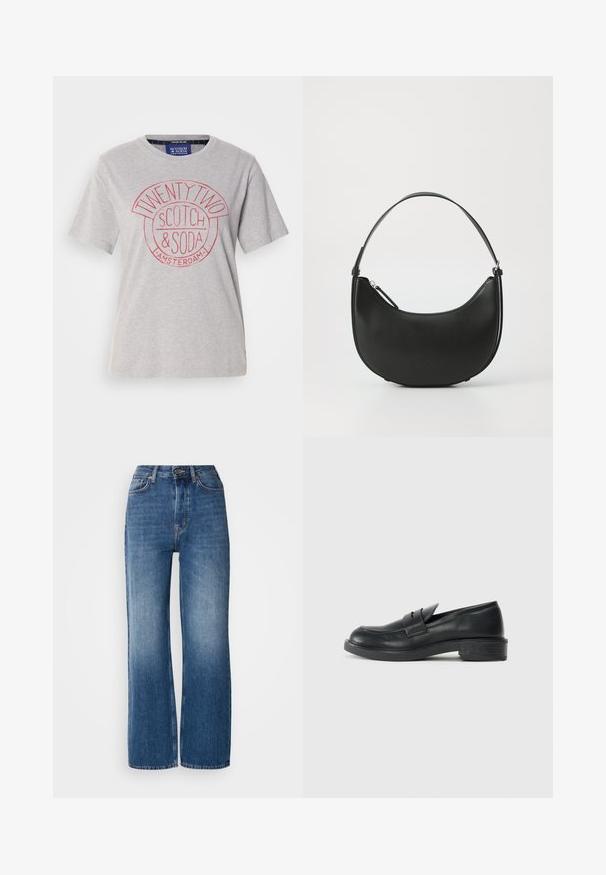 Light gray cotton t-shirt with a round neckline, short sleeves, and a red graphic print reading "TWENTY TWO SCOTCH & SODA AMSTERDAM."; High-waisted, wide-leg blue denim jeans with a gradient wash, copper stitching, a front button closure, and five pockets.; Black leather loafers with a rounded toe, stitched detailing, and a small heel. Smooth texture and a flexible rubber sole.; Black leather shoulder bag with a curved shape, slim handle, and zip closure. Features a smooth texture and subtle logo detail.