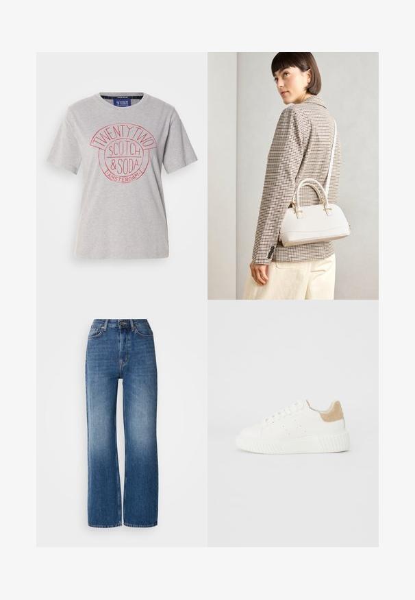 Világosszürke pamut póló kerek nyakkivágással, rövid ujjakkal, piros grafikával, amelyen az "TWENTY TWO SCOTCH & SODA AMSTERDAM" felirat szerepel.; Magas derekú, bő szárú kék farmernadrág, átmenetes mosással, réz varrással, elülső gombos záródással és öt zsebével.; Fehér sneaker sima bőr felsőrésszel, perforált részletekkel és világosbarna velúr akcentussal a saroknál. Vastag, texturált gumitalp jellemzi.; Fehér, strukturált kézitáska rövid füllel és vállpánttal, arany színű fém kiegészítőkkel és texturált anyagból, szürke háttér előtt bemutatva.