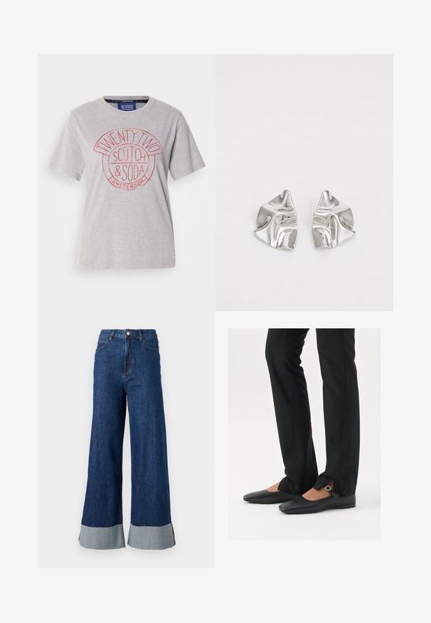 Light gray cotton t-shirt with a round neckline, short sleeves, and a red graphic print reading "TWENTY TWO SCOTCH & SODA AMSTERDAM."; Wide-leg denim trousers with a dark blue wash, featuring a contrasting light blue cuff and classic five-pocket design.; Black leather ballet flats with a pointed toe, strap with silver buckle, paired with black tailored pants featuring a slit hem.; Silver metal earrings with a wavy, sculptural design featuring a polished finish and irregular shapes, highlighting a contemporary aesthetic.