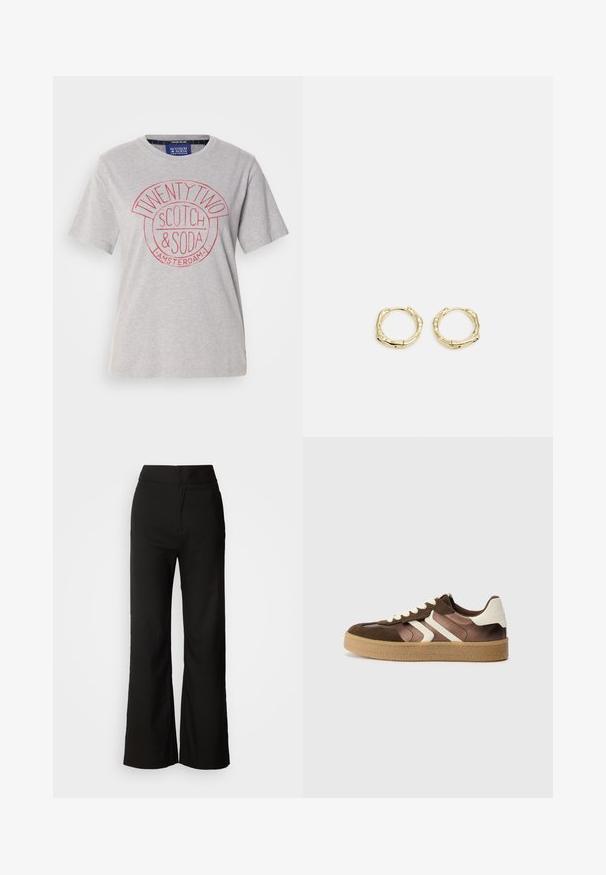 Light gray cotton t-shirt with a round neckline, short sleeves, and a red graphic print reading "TWENTY TWO SCOTCH & SODA AMSTERDAM."; Black wide-leg trousers with a smooth texture, high waist, and a clean design. No visible pockets or embellishments.; Brown and cream sneakers with a combination of suede and satin materials, featuring three diagonal stripes and a textured gum sole.; Gold hoop earrings with a textured, irregular shape. Features a seamless closure and a polished surface finish, emphasizing a modern design.