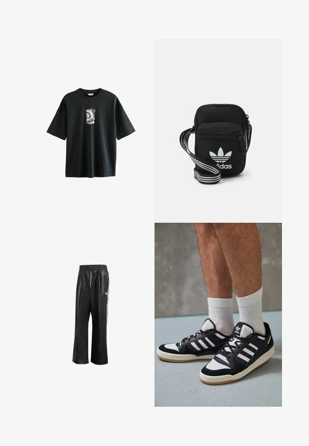 Next JAPANESE SURF GRAPHIC - Potiskana majica - black; Črne sintetične športne hlače z elastičnim pasom, z belimi stranskimi črtami in s majhnim belim logotipom na levem kolku.; Črno-bele superge z zgornjim delom iz usnja in nubuka, ki imajo tri bele črte, perforiran vrh prstov in podplat iz gume.; Črna tkaninska torbica čez ramo z zadrgo, ki vsebuje belo Adidasovo logo in pridelano naramnico z več črtami za enostavno nošenje.