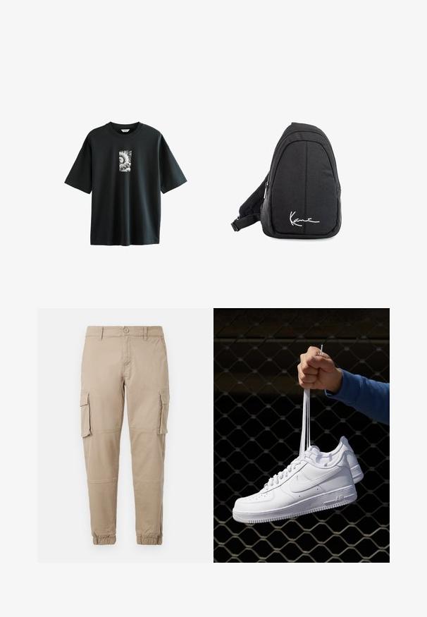 Next JAPANESE SURF GRAPHIC - T-Shirt print - black; Beige Cargo-Hosen aus leichtem Baumwollmaterial. Mit elastischen Bündchen, mehreren Seitentaschen und einem Knopfverschluss.; Weiße Leder-Sneaker mit Perforationen, runder Zehenpartie, flacher Sohle und dicken Schnürsenkeln, mit sichtbar eingesticktem Swoosh-Logo und "AIR" an der Ferse.; Schwarzer Stoff-Sling-Rucksack mit glatter Textur, gekennzeichnet durch ein geschwungenes Design, ein Reißverschlussfach und einem weißen Logo auf der Vorderseite.