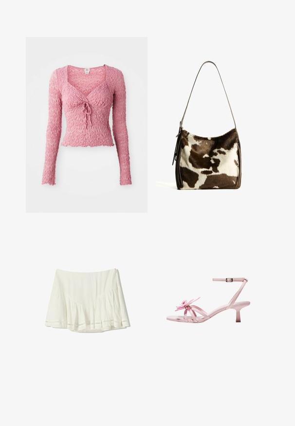 Rosa, strukturierte Langarm-Bluse mit V-Ausschnitt, die mit einem vorderen Krawatten-Detail und gerafftem Stoffdesign ausgestattet ist. Leicht und figurbetont.; Weißer ausgestellt Rock mit ruffles am Saum und feinen gestickten Details. Hergestellt aus leichtem Stoff mit einer glatten Textur.; Rosa Lackleder-Absatzsandalen mit einer floralem Akzent an der Zehe, ausgestattet mit einem verstellbaren Knöchelriemen und einem schmalen, kurzen Absatz.; Braune und cremefarbene Kuhhaut-Umhängetasche mit einem glatten Ledertrageriemen, Reißverschluss und einer weichen, strukturierten Oberfläche mit einem natürlichen Muster.