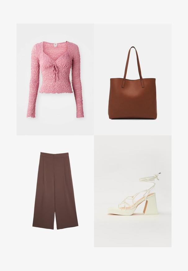 Roza, teksturirana dolga majica z dolgimi rokavi in V-izrezom, z detajlom za zavezovanje spredaj in nabranim dizajnom tkanine. Lahka in oprijeta.; Rjave široke hlače z gladko teksturo, ki imajo visok pas in sprednje naborke. Tkanina je lahka in prosto pada.; Bela sandala na visokih petah s debelim petam, ki ima obliko trakcev in vezanje okoli gležnja. Gladka tekstura z platformo spredaj za dodatno višino.; Rjava usnjena torba z gladko teksturo, odprto zasnovo zgoraj in dvema naramnima trakovoma. Opremljena je z minimalnim šivanjem in brez vidnih kovinskih delov.