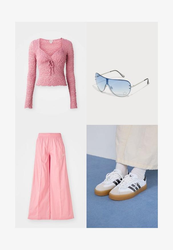 Roze, textuurvolle top met lange mouwen en een V-hals, voorzien van een voorkant met strikdetails en een geplooid ontwerp. Lichtgewicht en aansluitend.; Roze wijde broeken gemaakt van lichtgewicht stof, met een elastische tailleband en subtiele witte streepjes aan de zijkanten. Klein logo aan de voorkant.; Witte sneakers met zwarte strepen en beige suède accenten. Voorzien van een gestructureerde gumzool en platte witte veters, gedragen met lichtgekleurde sokken.; Aviator zonnebril met een gradient blauwe lens, zilveren metalen frame en decoratieve sterrenaccenten op de lens. Glad en strak ontwerp.
