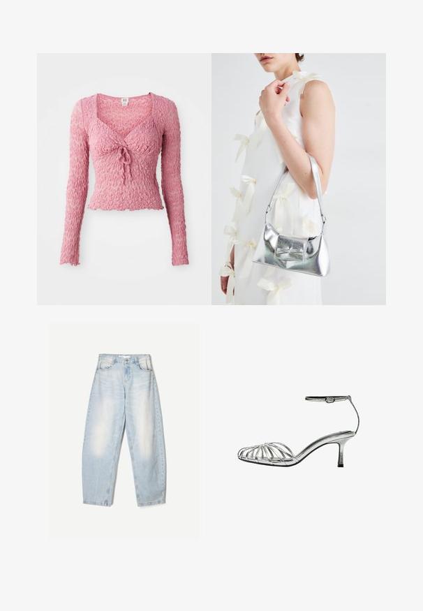 Różowa, fakturowana bluzka z długim rękawem i dekoltem w kształcie litery V, z przodem ozdobionym wiązaniem i zmarszczonym materiałem. Lekka i dopasowana.; Jasnoniebieskie dżinsy o luźnym kroju, z wyblakłym wykończeniem, dwoma przednimi kieszeniami i zapięciem na guzik w talii.; Srebrne sandały na niskim obcasie z paskami, posiadające wiele krzyżujących się pasków, pasek wokół kostki z klamrą oraz gładką, błyszczącą teksturę.; Srebrna metaliczna torebka o strukturalnym kształcie, wyposażona w górną rączkę i detal w postaci kokardy z przodu. Gładka tekstura, odbijające światło wykończenie.