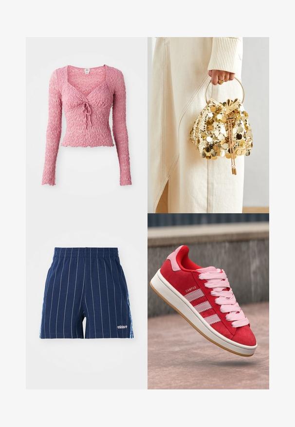 Haut rose texturé à manches longues avec un décolleté en V, présentant un détail de lien à l'avant et un design de tissu froncé. Léger et ajusté.; Shorts bleu marine avec des rayures blanches, taille élastique et logo Adidas. Présente des accents bleus sur les côtés, fabriqués en mélange de coton.; Baskets en daim rouge avec des accents roses, dotées de trois rayures blanches et de lacets rose clair. Semelle intermédiaire blanche et semelle extérieure en caoutchouc naturel.; Sac à main en sequins dorés avec cordon de serrage et poignée circulaire, présentant des sequins ronds brillants et un tissu texturé. Les dimensions ne sont pas fournies.