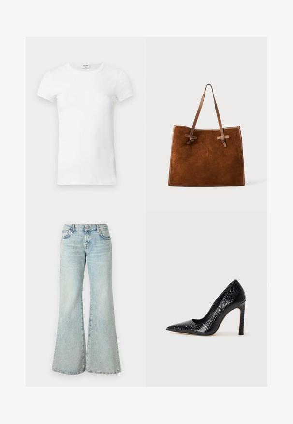 T-shirt bianco a maniche corte con collo tondo. Il tessuto appare liscio con una silhouette aderente. Etichetta del marchio visibile al colletto.; Jeans a palazzo di colore blu chiaro realizzati in denim, con vita alta, tasche e orli sfilacciati. Il tessuto presenta un lavaggio sbiadito e una texture sottile.; Scarpa nera con punta a punta alta in pelle di coccodrillo, caratterizzata da un design elegante, alto tacco a spillo e interno nero liscio.; Borsa a tracolla in suede marrone con due manici in pelle, forma piatta, dettagli cuciti e nodo decorativo sui lati. Senza chiusure visibili.