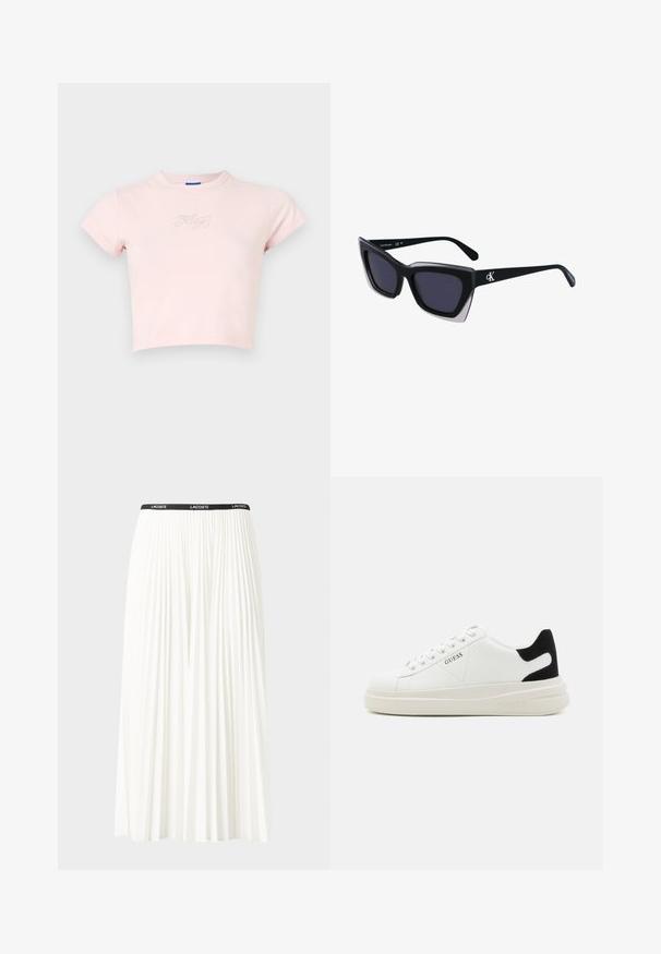 T-shirt rosa cropped em algodão, com mangas curtas e um pequeno design de texto em prata "Hug" no peito. Textura suave, decote redondo.; Saia plissada branca com uma cintura elástica preta que apresenta o logótipo "LACOSTE". Design de comprimento médio com textura suave.; Sapatilhas brancas de couro com uma sola branca espessa, detalhe em camurça preta no calcanhar e logótipo em relevo na lateral. Design com atacadores e seis ilhós.; Óculos de sol oversized pretos com forma geométrica, apresentando lentes escuras e um detalhe cinza em contraste na armação. Logotipo na haste.