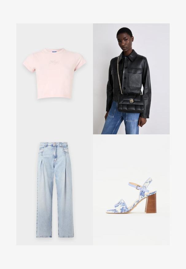Apgriezta rozā T-kreklā no kokvilnas, ar īsām piedurknēm un mazu sudraba "Hug" tekstu dizainu uz krūtīm. Gluda tekstūra, apaļa kakla izgriezums.; Gaiši zilas džinsu bikses ar augstu jostasvietu, plats kāju griezumu, divām sānu kabatām un krokotā dizaina akcentiem. Mīksta tekstūra ar izdilušu apdari.; Zili ziedu raksta sandales ar kvadrātu purngalu, platu siksnu un regulējamu potītes siksnu, kurām ir struktūrēts koka bloks papēdis.; Melnas ādas jaka ar pogu aizdari un divām priekšējām kabatām, kopā ar melnu pufīgu rokassomu ar zelta sprādzi un ķēdes siksnu.