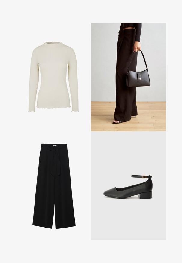 Long-sleeve top in light cream ribbed fabric with a textured finish. Features a scalloped neckline and hem for added detail.; Black wide-leg pants featuring a textured fabric, an elastic waistband, and a detachable sash tie at the waist for adjustable fit.; Black leather pump with a pointed toe and a low block heel. Features an ankle strap with a gold-tone buckle. Smooth texture.; Black handbag with structured shape, smooth texture, and a metallic clasp. Paired with wide black pants and open-toe sandals on wooden floor.