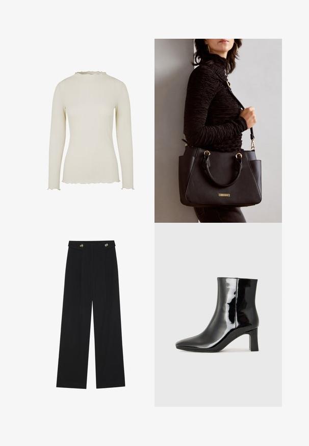Long-sleeve top in light cream ribbed fabric with a textured finish. Features a scalloped neckline and hem for added detail.; Black wide-leg trousers with high waist, button details on waistband, and front pleats.; Black patent leather ankle boot with a pointed toe and a mid-height block heel. Smooth texture and minimalist design.; Black handbag with textured surface, dual top handles, and adjustable shoulder strap. Features gold-tone hardware and side pockets.