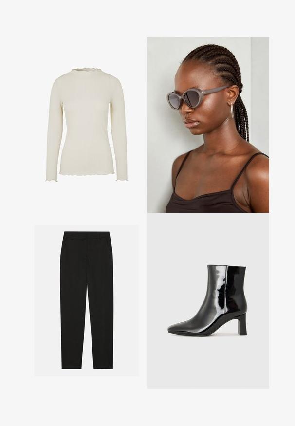 Blusa de manga longa em tecido canelado creme claro com um acabamento texturizado. Apresenta um decote e uma bainha com bordas onduladas para um detalhe adicional.; Calças pretas com um design ajustado, apresentando bolsos laterais e pernas retas. Feitas de um tecido suave e leve com um acabamento elegante.; Botim de tornozelo em pele sintética preta com bico apontado e salto bloco de altura média. Textura suave e design minimalista.; Óculos de sol cinzentos de tamanho oversized com uma forma arredondada e lentes escuras. Armação de plástico elegante com um acabamento suave. O modelo tem cabelo trançado.