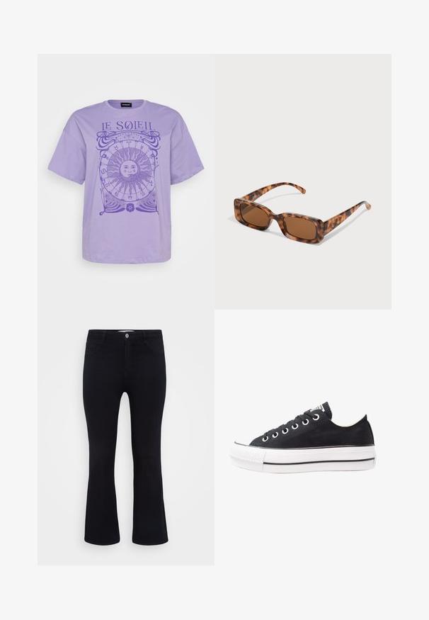 Liliowa bawełniana koszulka z krótkim rękawem, z okrągłym nadrukiem słońca i symbolami astrologicznymi w ciemniejszym odcieniu purpury. Okokrągły dekolt.; ONLY Carmakoma CARTHUNDER czarny denim; Czarne trampki na canvasie z białą gumową podeszwą, okrągłym noskiem, niskim fasonem, metalowymi oczkami oraz teksturowanym noskiem. Cienka czarna linia wzdłuż podeszwy.; Okulary przeciwsłoneczne w kolorze tortoishell z prostokątnymi brązowymi soczewkami, grubą oprawką i cienkimi zausznikami z wzorem w różnych odcieniach brązu.; Srebrne kolczyki w formie kółek o gładkim, polerowanym wykończeniu. O okrągłym kształcie i pewnym zapięciu na klik. Lekka konstrukcja odpowiednia do codziennego noszenia.