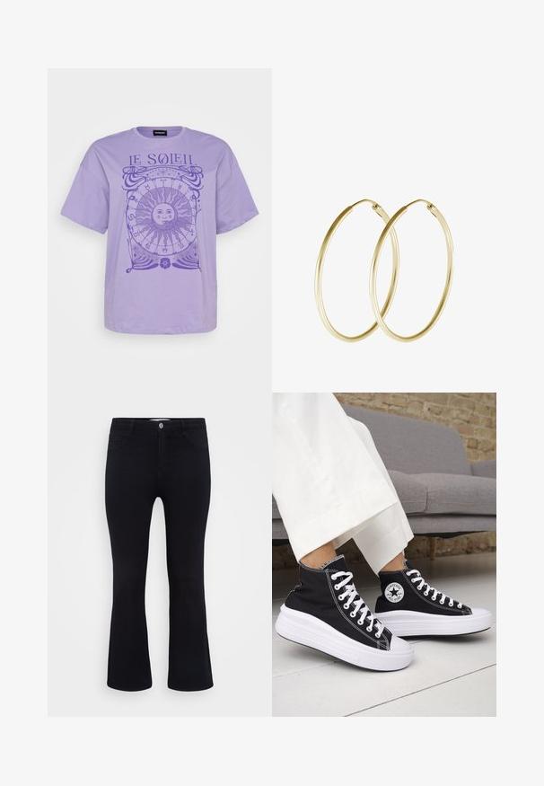 Lavendel bomuld t-shirt med korte ærmer, der har et cirkulært solgrafik og astrologiske symboler i en mørkere lilla. Rund halsudskæring.; ONLY Carmakoma CARTHUNDER PUSH UP - Flared jeans - black denim; Sorte sneakers med højt skaft, hvide gummisåler og snørebånd. Har en rund logo-patch og kontrasterende hvide syninger. Fremstillet af lærredsmateriale.; Guld hoops øreringe med et glat, rundt design og en blank finish. Letvægts konstruktion med en sikker låsemekanisme.