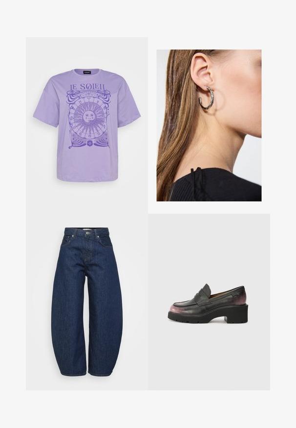 Levandų spalvos medvilninė marškinėliai su trumpomis rankovėmis, su apskritu saulės grafikų ir astrologijos simbolių dizainu tamsesnėje purpurinėje spalvoje. Apvalus iškirpimas.; Aukštai juosmens tamsiai mėlynos džinsinės kelnės su plačiomis kojomis, priekyje esančiu mygtuku ir užtrauktuku, bei klasikine penkių kišenių išvaizda.; Juodos odinės loafer'iai su apvalia nosimi, akcento juostele ir toniniu gradientu nuo juodos iki tamsiai rožinės spalvos kulno. Turi storą padą.; Sidabrinė lankinė auskarai su poliruotu paviršiumi, turintys mažus auksinius akcentus ir apvalią formą, dėvimi ant ausies kaušelio.