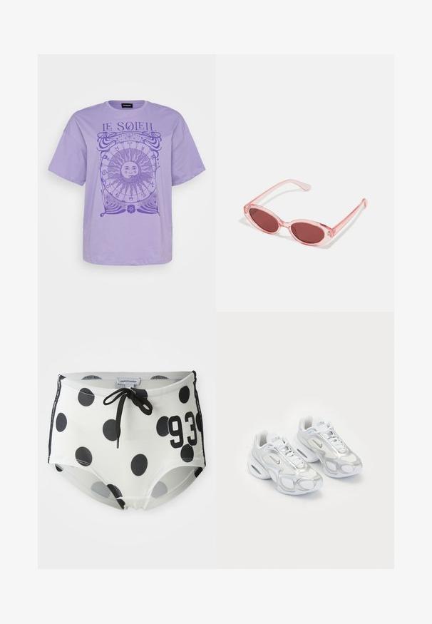 Lavandas krāsas kokvilnas t-krekls ar īsām piedurknēm, uz kura attēlota apļa saules grafika un astroloģijas simboli tumšākā purpursarkanā krāsā. Apkakle ar apaļu izgriezumu.; Melnbalti punktiņi peldbikses ar aukliņu jostasvietā, ar numuru "93" priekšpusē un gludu, elastīgu audumu.; Baltas sporta kurpes ar režģa augšdaļu un sudraba akcentiem, unikāla forma un gaisa amortizācija papēdī. Mežģīņu dizains ar logo.; Rozā caurspīdīgas saulesbrilles ar ovālām lēcām, tumši sarkanu toni un slaidiem kātiem, ar gludu apdari un smalkiem dekoratīviem elementiem uz rāmja.