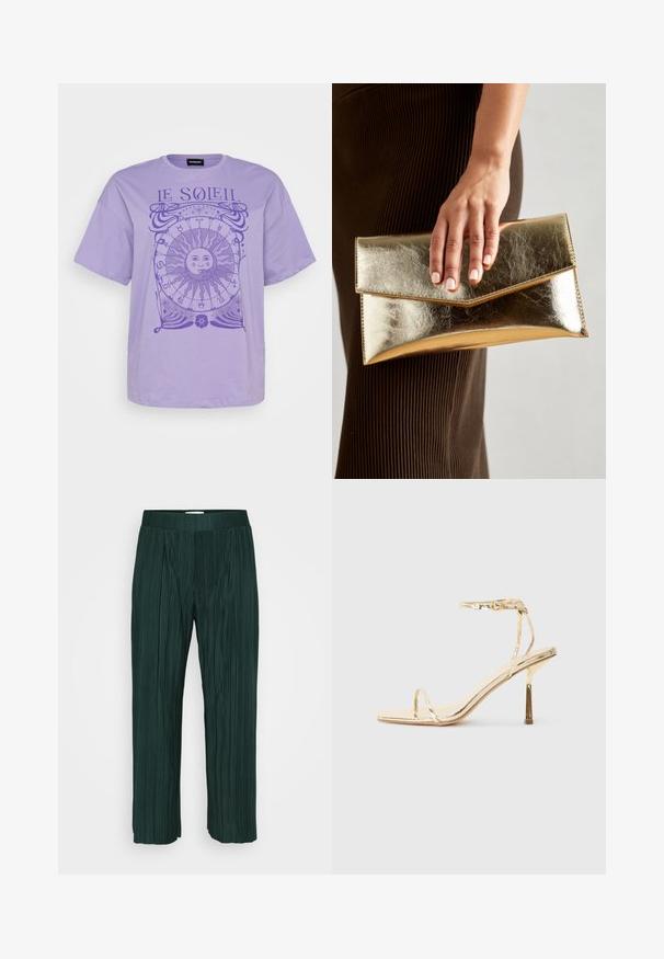 Lavendel bomuld t-shirt med korte ærmer, der har et cirkulært solgrafik og astrologiske symboler i en mørkere lilla. Rund halsudskæring.; Mørkegrønne, plisserede bukser med brede ben og elastisk talje, præsenteret mod en ensfarvet hvid baggrund.; Guldmetalisk højhælet sandal med firkantet tå, tynd ankelrem og et slankt, minimalistisk design med en skinnende finish.; Guldmetalisk clutch-taske med en glat tekstur, der har en trekantet klaplukning. Den hånd, der holder den, har pænt manicurede negle.